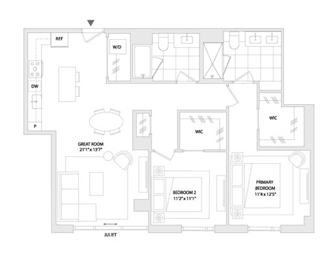 Floor plan for 2 beds, 2 baths, 1054 sqft